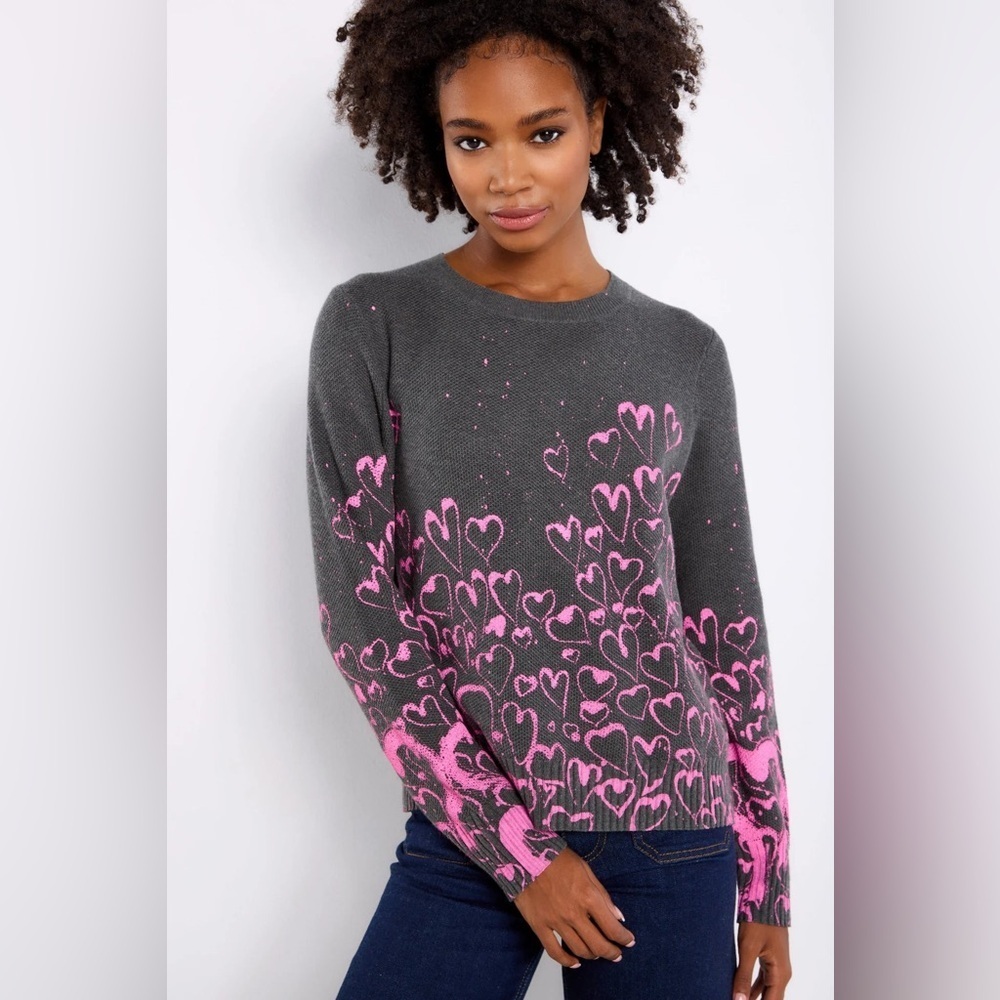 LISA TODD LOVE SPIRAL gray waffle knit pink heart print cotton cashmere crewneck